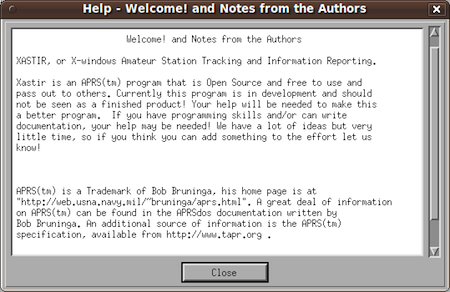 APRS(tm) amateur radio software Xastir welcome message.